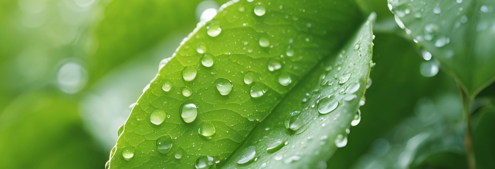 "S svežimi kapljicami vode na zelenih listih simbolizira sprostitev in harmonijo v naravi.