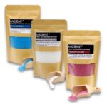 Paketi aromaterapevtske soli z različnimi eteričnimi olji: Prehlad in gripa, Popolna sprostitev ter Napoj strasti.